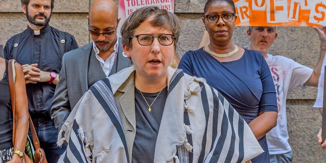 OMNI BERKSHIRE PLACE HOTEL, NEW YORK, UNITED STATES - 2016/09/13: Rabbi Sharon Kleinbaum, Congregation Beth Simchat Torah - Today GAG NY, NYAGV, NAN, Judson Church, CBST, MCC NY, NYC PA , and Public Advocate Tish James held a press conference in front of the Onmi Berkshire Place Hotel condemning the appearance of Smith &amp;amp; Wesson CEO James Debney at the 2016 Best Ideas Conference. Religious leaders, activists, elected officials, and gun reform leaders all spoke about the dangerous and deadly culture of gun violence we are living in as well as the direct and deadly relationship between private equity investment (Black Rock) in gun manufacturers (Smith &amp;amp; Wesson). THE GUN BUSINESS IS KILLING AMERICA. 