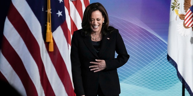 WASHINGTON, DC - JUNE 3: U.S. Vice President Kamala Harris laughs after answering a question from the press after speaking during an event on high-speed internet access in the South Court Auditorium at the White House complex on June 3, 2021 in Washington, DC. Harris announced that the Biden administration is making $1 billion available in grants to improve high-speed internet access in tribal lands. The $1 billion in grant funding was originally included in the coronavirus relief package. (Photo by Drew Angerer/Getty Images)