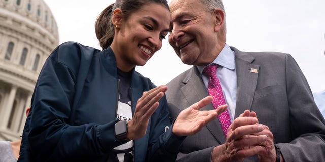 Rep.  Alexandria Ocasio-Cortez (DN.Y.) and Senate Leader Chuck Schumer (DN.Y.) outside the United States House of Representatives as they speak to members of the press on Capitol Hill.