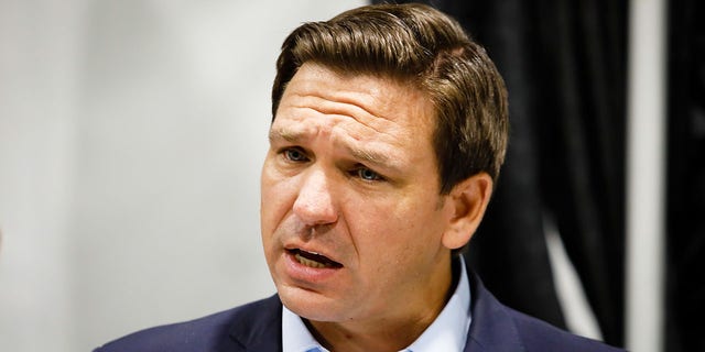 Gov. Ron DeSantis speaks during a news conference at a Regeneron monoclonal antibody clinic in Pembroke Pines, Florida, Aug. 18, 2021.