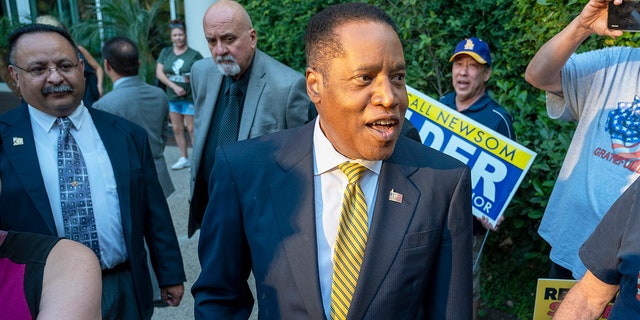 Woodland Hills, CA - August 24: California governor recall candidate Larry Elder meets supporters outside of the Warner Center Marriott Woodland Hills in Woodland Hills CA., Tuesday, August 24, 2021. (Photo by Hans Gutknecht/MediaNews Group/Los Angeles Daily News via Getty Images)