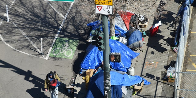 A homeless camping site is seen near the corner of 22nd and Stout streets in Denver, March 5, 2021. (Getty Images)