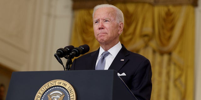 President Joe Biden pauses while giving remarks on Afghanistan from the White House on Aug. 16, 2021.