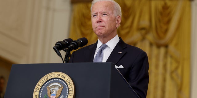 WASHINGTON, DC - AUGUST 16: U.S. President Joe Biden pauses while giving remarks on the worsening crisis in Afghanistan from the East Room of the White House August 16, 2021 in Washington, DC. Biden cut his vacation in Camp David short to address the nation as the Taliban have seized control in Afghanistan two weeks before the U.S. is set to complete its troop withdrawal after a costly two-decade war. (Photo by Anna Moneymaker/Getty Images)