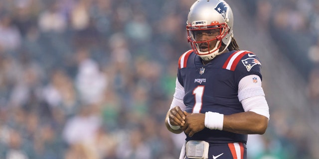Cam Newton #1 of the New England Patriots looks on against the Philadelphia Eagles in the preseason game at Lincoln Financial Field on Aug. 19, 2021 in Philadelphia, Pennsylvania. The Patriots defeated the Eagles 35-0. (Photo by Mitchell Leff/Getty Images)