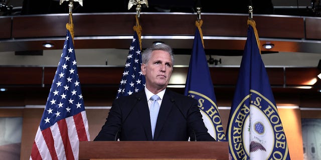 WASHINGTON, DC - AUGUST 27: House Minority Leader Kevin McCarthy (R-CA) speaks at a press conference at the Capitol building on August 27, 2021 in Washington, DC. Leader McCarthy said he wants House Speaker Nancy Pelosi (D-CA) to call Congress back in session and to take up legislation that would prevent President Biden from withdrawing troops until every U.S. Citizen is out of Afghanistan.