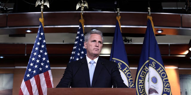 WASHINGTON, DC - AUGUST 27: House Minority Leader Kevin McCarthy (R-CA) speaks at a press conference at the Capitol building on August 27, 2021 in Washington, DC. Leader McCarthy said he wants House Speaker Nancy Pelosi (D-CA) to call Congress back in session and to take up legislation that would prevent President Biden from withdrawing troops until every U.S. Citizen is out of Afghanistan. (Photo by Anna Moneymaker/Getty Images)