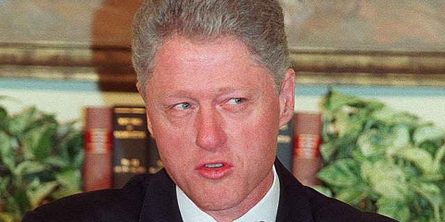 Then-President Bill Clinton addresses reporters Jan. 26, 1998, regarding allegations of an affair with former White House intern Monica Lewinsky. (Getty Images)