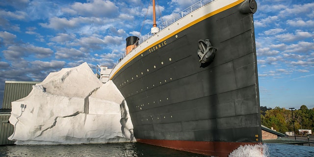 A half-scale replica of the Titanic hitting an iceberg is a main feature of the Titanic Museum, seen October 18, 2016 in Pigeon Forge, Tennessee.  (Photo by George Rose / Getty Images)