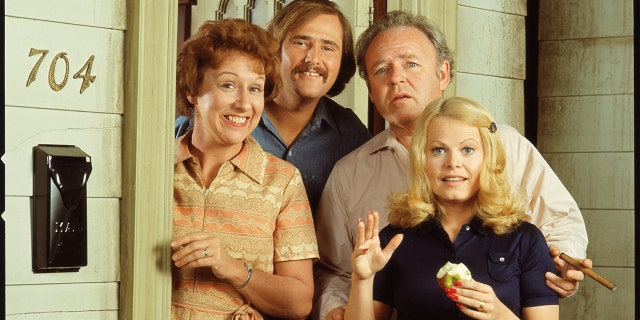 A promotional still shows the cast from the American television show "All in the Family," Los Angeles, Calif., early 1970s. They stand in the doorway of their television address, 704 Hauser St., Astoria, Queens, New York, and are, from left, American actors Jean Stapleton, Rob Reiner, Carroll O'Connor (1924-2001) and Sally Struthers. 