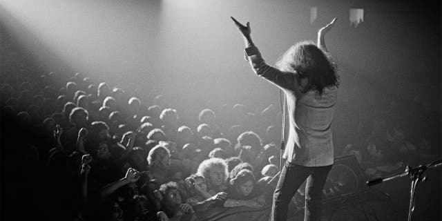 Singer Ronnie James Dio (1942-2010) from American rock group Elf performs live on stage during the band's American tour as support for Deep Purple in November 1974.
