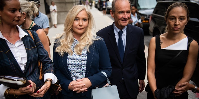 David Boies, representing several of Jeffrey Epstein's alleged victims, center, shown with Annie Farmer, right, and Virginia Giuffre, alleged victims of Jeffrey Epstein and Ghislaine Maxwell at federal court in New York.