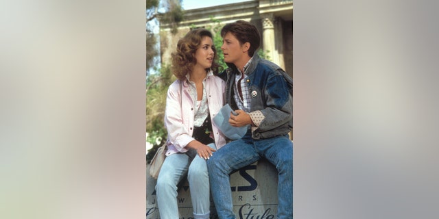 Claudia Wells and Michael J. Fox.  on the set of 'Back to the Future'.