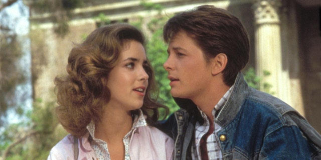 Claudia Wells and Michael J. Fox on the set of "Back to the Future."