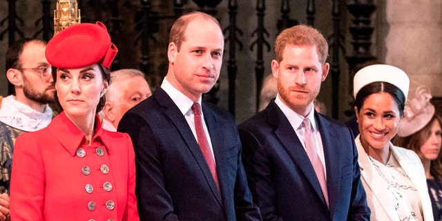 (LR) Britain's Catherine, Duchess of Cambridge, Britain's Prince William, Duke of Cambridge, Britain's Prince Harry, Duke of Sussex and Britain's Meghan, Duchess of Sussex attend the Commonwealth Day service at Westminster Abbey in London on March 11, 2019.