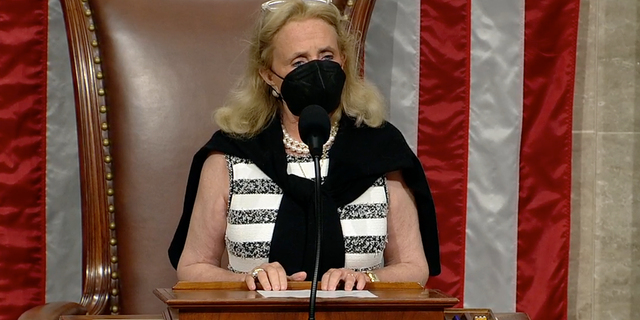 Rep. Debbie Dingell, D-Mich., presides over a pro forma session of the House of Representatives as about two dozen Republicans demand that the chamber consider a bill to force the Biden administration to come up with a plan to bring Americans stranded over Afghanistan home. (Official feed/screengrab)