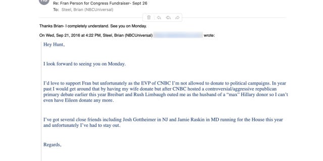 In September 2016, a CNBC executive who has since left the network, told Hunter Biden he was "not allowed" to donate to political campaigns like Fran Person's campaign and revealed that he used to "get around" that policy by getting his wife to donate, but noted the loophole was exposed by Breitbart and Rush Limbaugh.