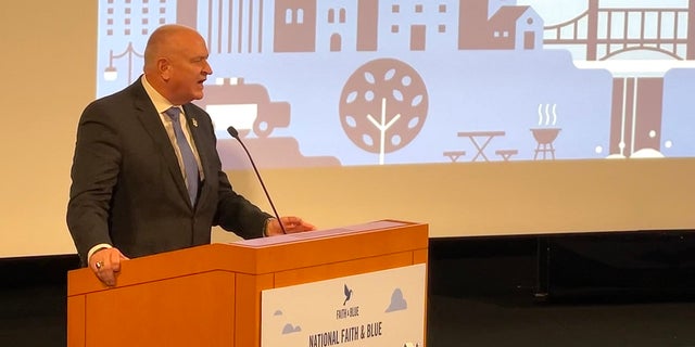 Patrick Yoes, National President of the Fraternal Order of Police, speaking during a Faith &amp; Blue press conference on Aug. 31, 2021 in Washington, D.C. (Fox News Digital) 