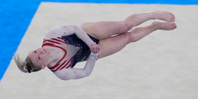 Jade Carey, of the United States, performs on the floor during the artistic gymnastics women's apparatus final at the 2020 Summer Olympics, Monday, Aug. 2, 2021, in Tokyo, Japan. (AP Photo/Gregory Bull)
