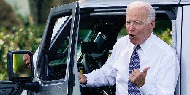 President Joe Biden talks after driving Jeep Wrangler 4xe Rubicon on the South Lawn of the White House in Washington, Thursday, Aug. 5, 2021, during an event on clean cars and trucks. 