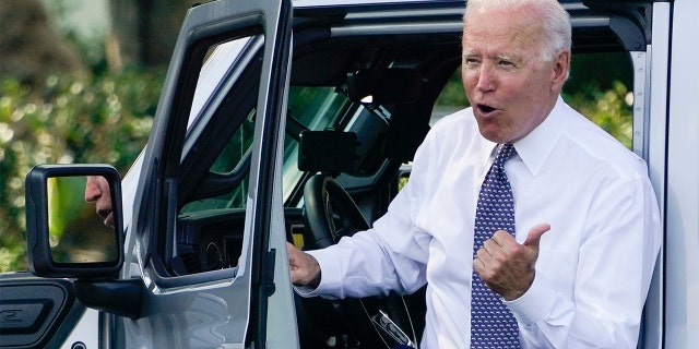 President Joe Biden talks after driving Jeep Wrangler 4xe Rubicon on the South Lawn of the White House in Washington, Thursday, Aug. 5, 2021, during an event on clean cars and trucks. 