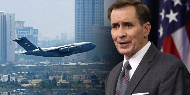 US Air Force aircraft takes off from the airport in Kabul on August 30, 2021/Kirby composite