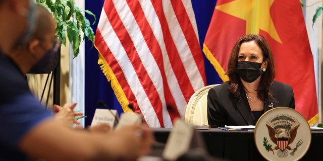 U.S. Vice President Kamala Harris meets with activists who work on LGBT, transgender, disability rights and climate change at the U.S. Chief of Mission's residence in Hanoi, Vietnam, Thursday, Aug. 26, 2021. (Associated Press)