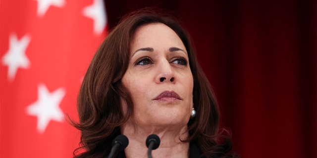 U.S. Vice President Kamala Harris attends a joint news conference with Singapore's Prime Minister Lee Hsien Loong in Singapore Monday, Aug. 23, 2021. (Evelyn Hockstein/Pool Photo via AP)