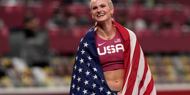 Gold medalist Ryan Crouser, celebrates after winning the final of the women's pole vault at the 2020 Summer Olympics, Thursday, Aug. 5, 2021, in Tokyo.(AP Photo/Francisco Seco)