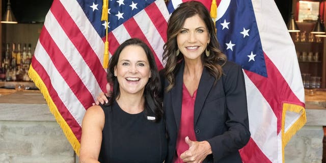 South Dakota Gov. Kristi Noem meets with then-Ohio GOP chair Jane Timken at an Ohio Republican Party event in Columbus, Ohio in September of 2020. Noem endorsed Timken in her run for Ohio's open U.S. Senate seat. 
