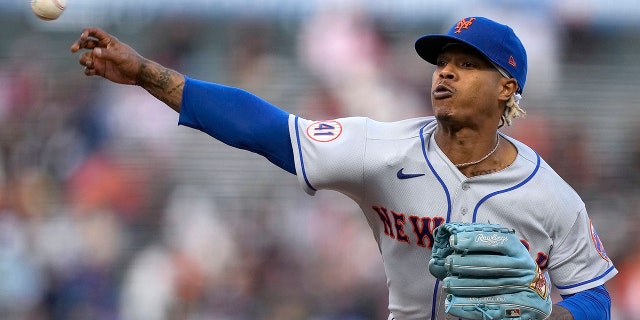 New York Mets starting pitcher Marcus Stroman throws to a San Francisco Giants batter during the first inning of a game Aug. 17, 2021, in San Francisco.