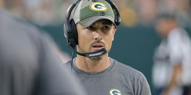 Green Bay Packers head coach Matt LaFleur on the sidelines during the first half of a preseason NFL football game against the Houston Texans Saturday, ago. 14, 2021, in Green Bay, Wisconsin.