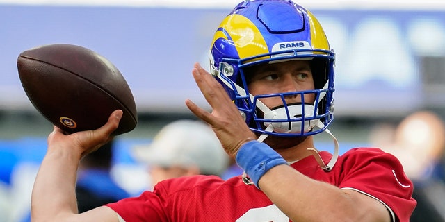 Los Angeles Rams quarterback Matthew Stafford throws a pass during an offseason workout at SoFi Stadium Jun 10, 2021. (Robert Hanashiro-USA TODAY Sports)