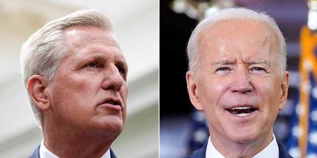 President Biden, right, will meet with House Minority Leader Kevin McCarthy and other congressional leaders Tuesday morning