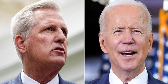 President Biden, right, will meet with House Minority Leader Kevin McCarthy and other congressional leaders Tuesday morning