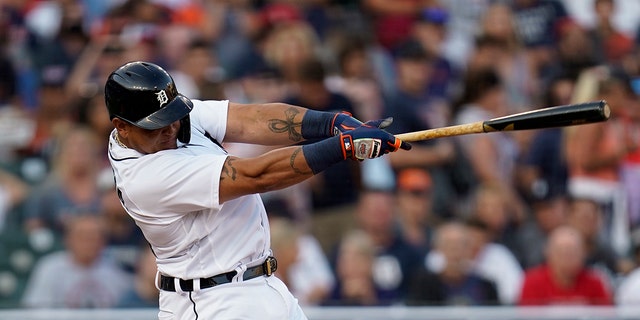 Miguel Cabrera of the Detroit Tigers hit a solo home run against the Boston Red Sox in the second inning of a baseball game in Detroit on Tuesday, Aug. 3, 2021.
