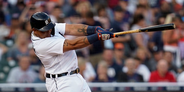 Detroit Tigers' Miguel Cabrera hits a solo home run against the Boston Red Sox in the second inning of a baseball game in Detroit, Tuesday, Aug. 3, 2021.