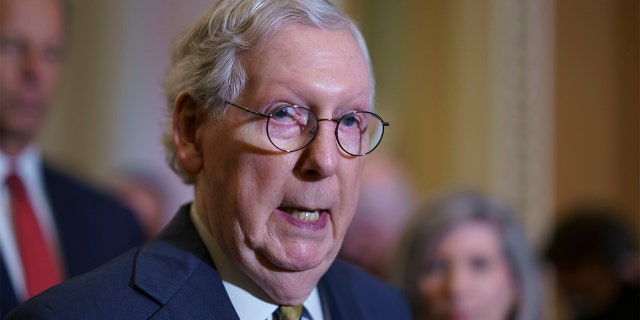 Senate Minority Leader Mitch McConnell, R-Ky., speaks to reporters as lawmakers work to advance the $1 trillion bipartisan infrastructure bill, at the Capitol in Washington, Tuesday, Aug. 3, 2021. (AP Photo/J. Scott Applewhite)