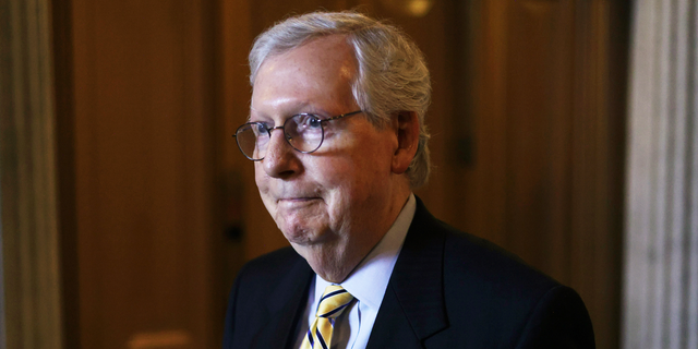 U.S. Senate Minority Leader Sen. Mitch McConnell, R-Ky., walks in a hallway after a vote at the Senate chamber at the U.S. Capitol June 22, 2021, in Washington, D.C.  (Photo by Alex Wong/Getty Images)