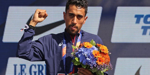 Morhad Amdouni of France poses with his gold medal for the men's 10,000 meters during day two of the 24th European Athletics Championships at Breitscheidplatz on Aug. 8, 2018, in Berlin, Germany. (Photo by Matthias Kern/Getty Images)