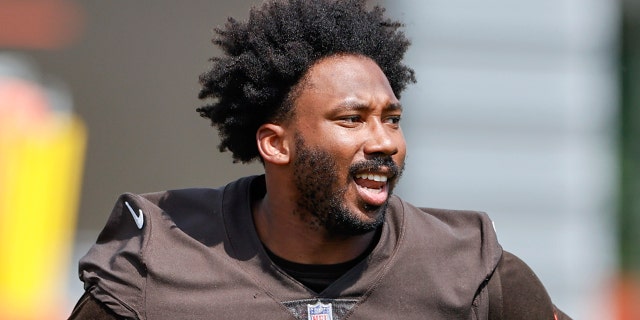 Cleveland Browns defensive end Myles Garrett runs during an NFL football practice Thursday, Aug. 12, 2021, in Berea, Ohio. (AP Photo/Ron Schwane)
