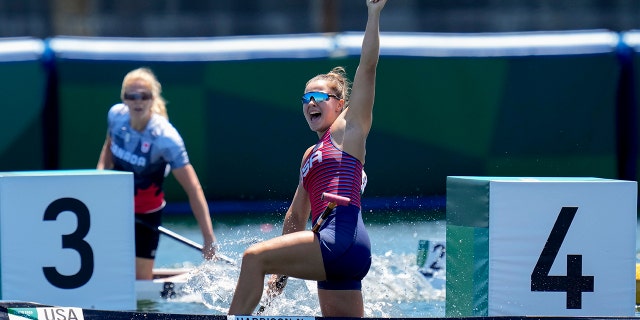 Nevin Harrison, of the United States, reacts after winning the gold medal in the women's canoe single 200m final at the 2020 Summer Olympics, Thursday, Aug. 5, 2021, in Tokyo, Japan. (AP Photo/Kirsty Wigglesworth)