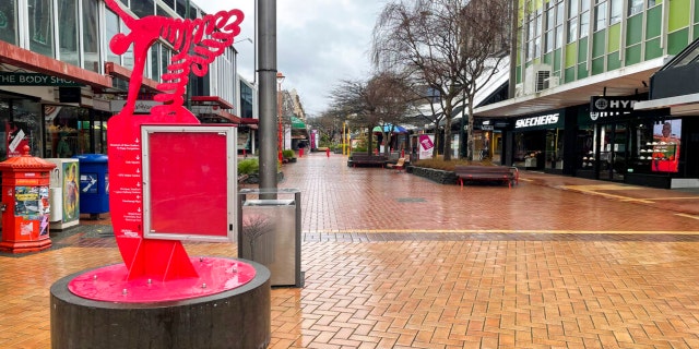 The near empty streets in the central business district of Wellington, New Zealand, Friday, Aug. 27, 2021. 