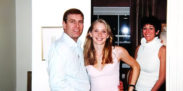 Photo from 2001 that was included in court files shows Prince Andrew with his arm around the waist of 17-year-old Virginia Giuffre, who says Jeffrey Epstein paid her to have sex with the prince. Andrew has denied the charges. In the background is Epstein's girlfriend Ghislaine Maxwell. (Florida Southern District Court)