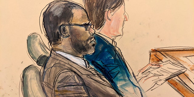 In this courtroom artist's sketch made from a video screen monitor of a Brooklyn courtroom, defendant R. Kelly, left, listens during the opening day of his trial, Wednesday, Aug. 18, 2021 in New York.