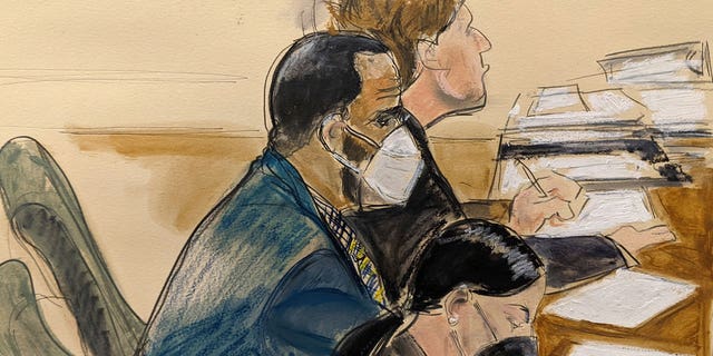 In this courtroom artist's sketch R. Kelly, left, listens during his trial in New York, Thursday, Aug. 26, 2021. The 54-year-old Kelly has repeatedly denied accusations that he preyed on several alleged victims during a 30-year career highlighted by his mega hit "I Believe I Can Fly."