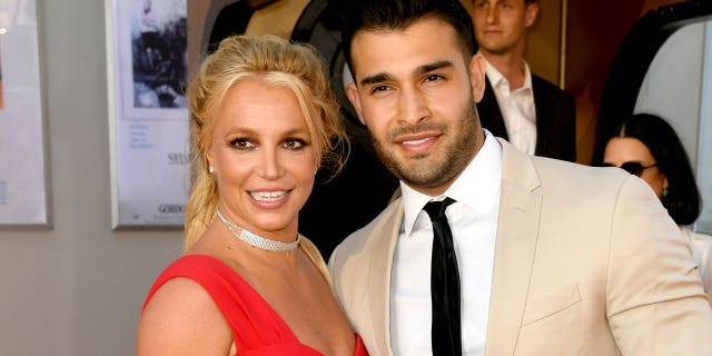 Britney Spears and Sam Asghari arrive at the premiere of Sony Pictures' "One Upon A Time...In Hollywood" at the Chinese Theatre in July 2019.