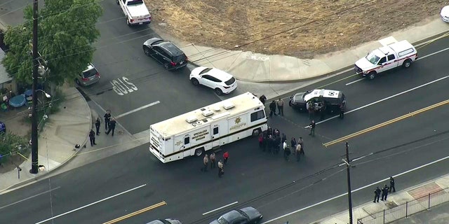 The scene of Wednesday's shootout in California. (FOX 11 of Los Angeles)