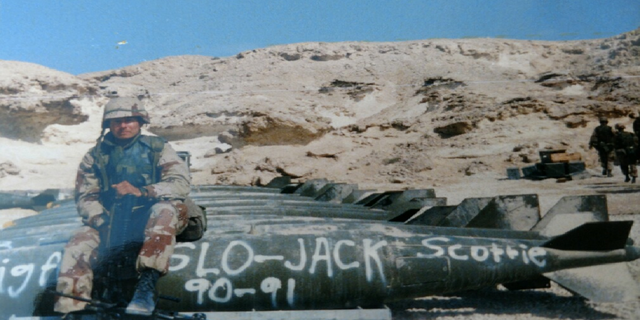 Marines Lance Cpl. Scott Stump is pictured here at Al Sheikh Isa Air Base in Bahrain in February 1991. (Courtesy Scott Stump)