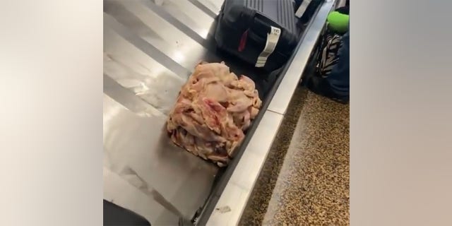 The TSA Instagram page posted a video from Seattle, Wash., that shows a pile of raw chicken pieces riding on the luggage conveyor belt.